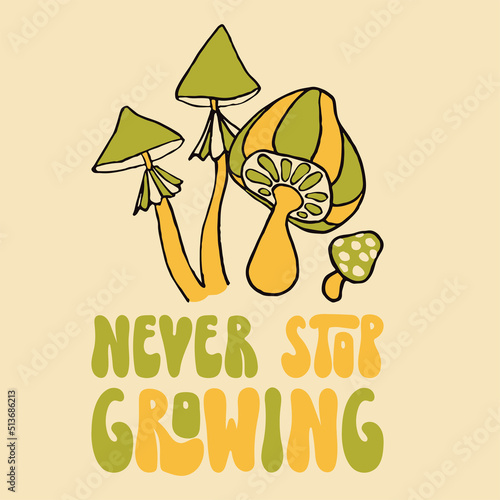Retro 70s hippie mushroom illustratoin. Psychedelic groovy style