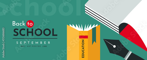 Educational banner with an open book, notebook and fountain pen. Back to School background.