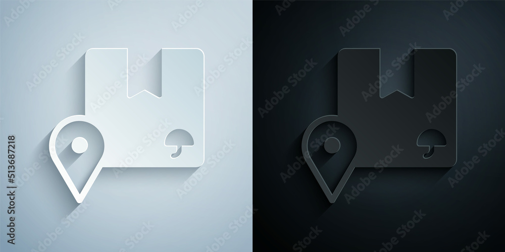Paper cut Location with cardboard box icon isolated on grey and black background. Delivery services, logistic and transportation, distribution. Paper art style. Vector Paper cut Location with cardboard box icon isolated on grey and black background. Delivery services, logistic and transportation, distribution. Paper art style. Vector
