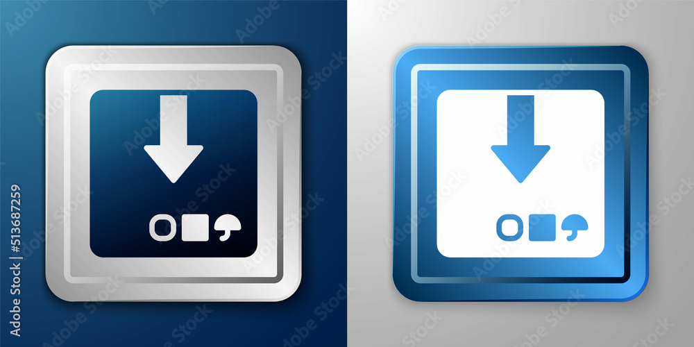 White Carton cardboard box icon isolated on blue and grey background. Box, package, parcel sign. Delivery and packaging. Silver and blue square button. Vector White Carton cardboard box icon isolated on blue and grey background. Box, package, parcel sign. Delivery and packaging. Silver and blue square button. Vector
