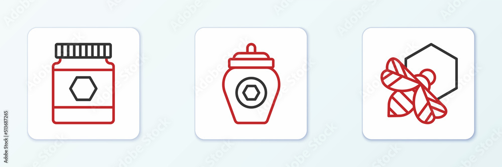 Set line Bee and honeycomb, Jar of and icon. Vector Set line Bee and honeycomb, Jar of and icon. Vector