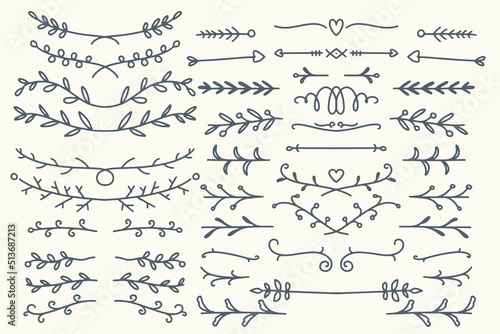 Thirty Hand drawn vector dividers. Lines, borders and laurels set. Doodle design elements isolated on white background.