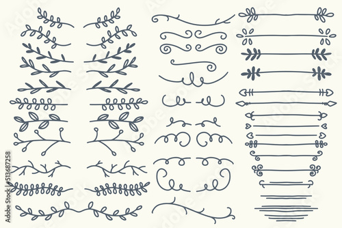 Thirty eight Hand drawn vector dividers. Lines, borders and laurels set. Doodle design elements isolated on white background.