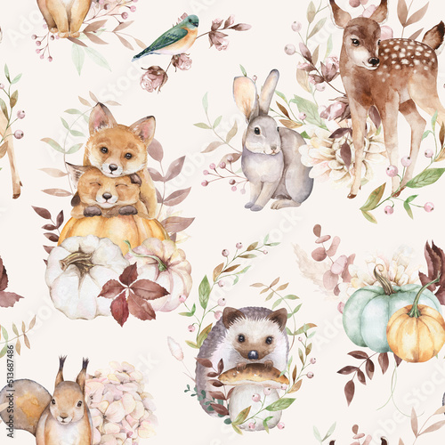 Woodland seamless pattern. Watercolor fall forest design on beige background. Deer, fox, squirrel, hare, hedgehog, pumpkins. Cute animals and floral texture for nursery decor, fabric, textile photo