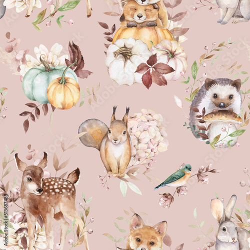 Woodland seamless pattern. Deer  fox  squirrel  hare  hedgehog  pumpkins. Watercolor fall forest design on beige background. Cute animals and floral texture 