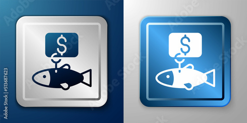 White Price tag for fish icon isolated on blue and grey background. Silver and blue square button. Vector