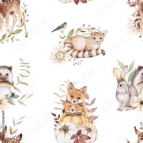Woodland seamless pattern. Watercolor fall forest design. Deer, fox, hare, hedgehog. Cute animals and floral texture for nursery decor, fabric, textile, wallpaper, wrapping paper