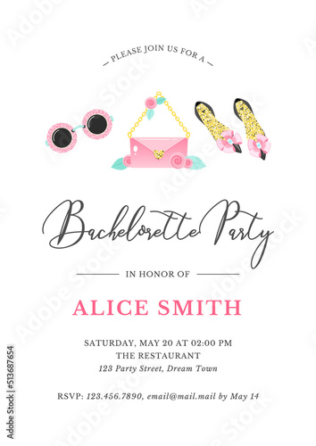 Bachelorette party invitation template. Beautiful background with illustrations of sunglasses, pink handbag and shoes. Vector 10 EPS.