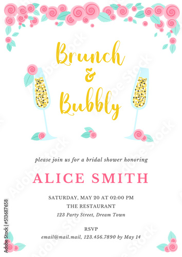 Brunch and bubbly invitation template. Bridal Shower background decorated with two champagne glasses and roses. Vector 10 EPS.
