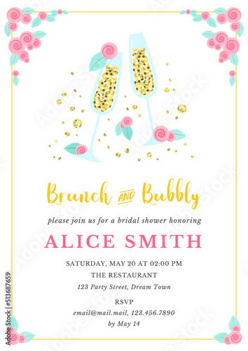 Brunch and bubbly invitation template. Bridal Shower background decorated with two champagne glasses and roses. Vector 10 EPS.