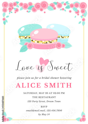 Bridal Shower invitation template. Beautiful background with illustration of three macaroons decorated with roses. Vector 10 EPS.