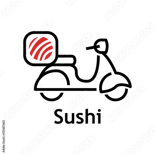 Logo reparto de comida a domicilio. Sushi japonés. Vector con silueta de scooter con texto Sushi con líneas. Color negro y rojo