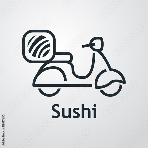 Logo reparto de comida a domicilio. Sushi japonés. Vector con silueta de scooter con texto Sushi con líneas. Fondo gris