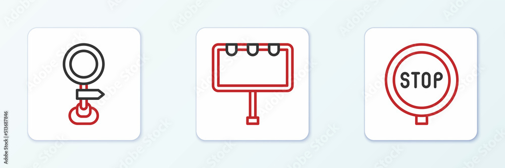 Fototapeta premium Set line Stop sign, Road traffic and Billboard with lights icon. Vector
