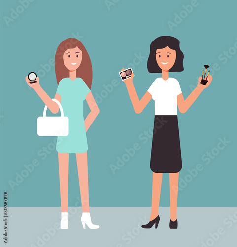 Buyer is choosing decorative cosmetics in store with female sales assistant. Customer and salesman communication, purchase advice. Flat vector illustration of client and consultant