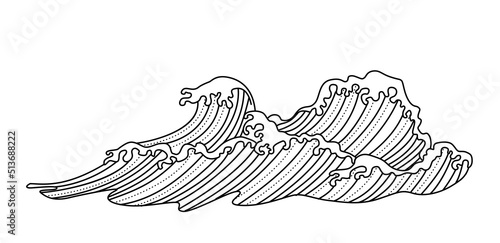 Japanese sea background with waves. Tsunami wave. Texture vector. Black and white Asia traditional banner. Ocean.