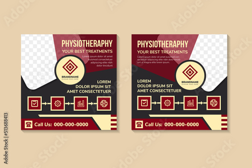 physiotheraphy social media post template. Modern banner design with combination red and soft brown on elements and place for the photo. black background with infographic. 