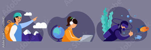 A set of illustrations on the theme of tourism and travel. The heroes go on trips with the help of a tour operator. Diving, mountaineering, tour operator workplace. Vector