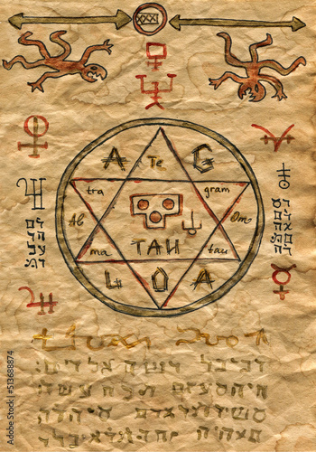 Hand drawn Halloween illustration of old page with wicca and mystic symbols from witch magic spell book. Gothic, occult and esoteric background. Only fantasy letters, no foreign language