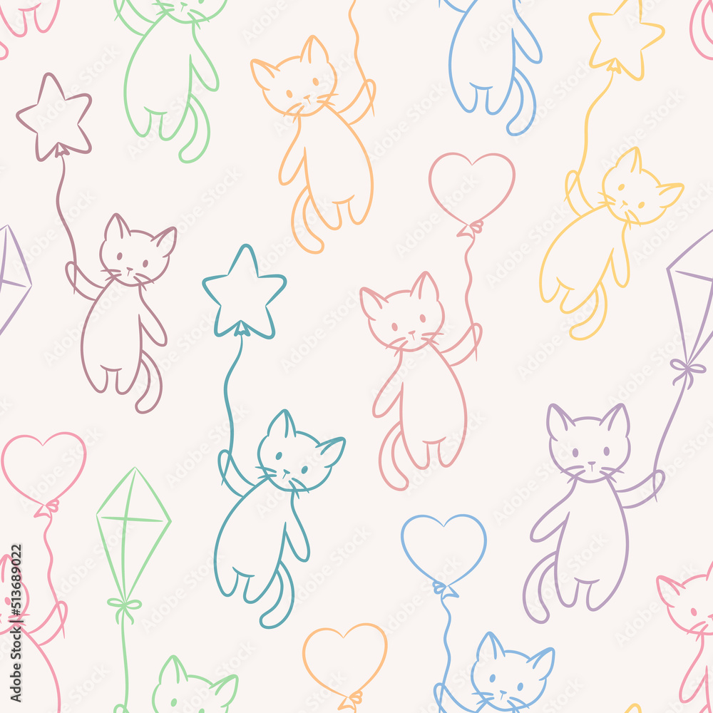 Cute cartoon cats vector pattern, seamless background