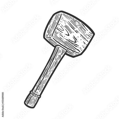 wooden hammer mallet sketch engraving vector illustration. T-shirt apparel print design. Scratch board imitation. Black and white hand drawn image.