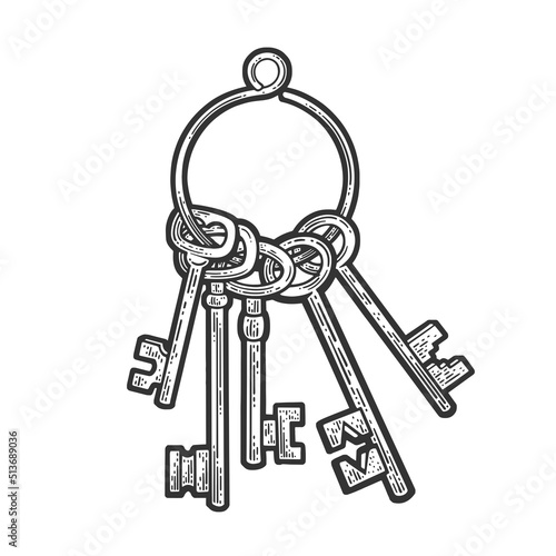 bunch of keys sketch engraving vector illustration. T-shirt apparel print design. Scratch board imitation. Black and white hand drawn image.