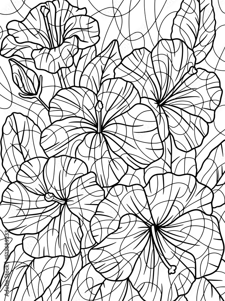 Coloring hibiscus, plant zen full page. Flower outline. Vector, page outline of cartoon. 