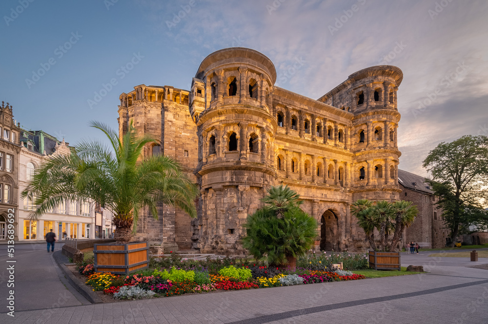 View of the Porta Nigra,at sunset,  a Roman City Gate built after 170 AD and located in Trier, Germany