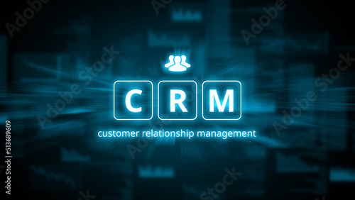 Concept crm or customer relationship management. Abstract holographic image with icons.