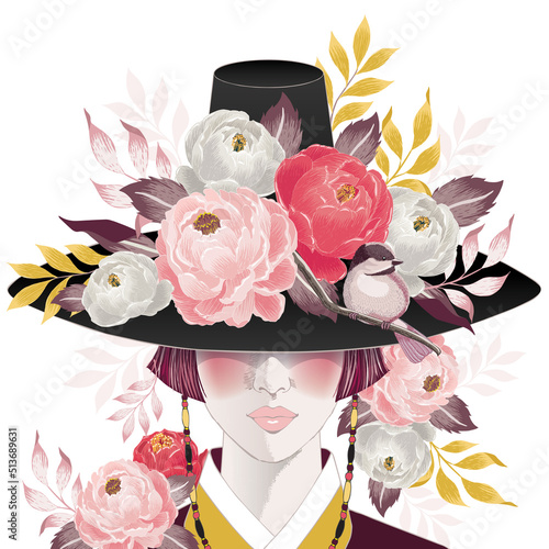 Vector illustration of a beautiful girl wearing a "Gat", Korean traditional hat decorating with flowers. Design for banner, poster, card, invitation and scrapbook	