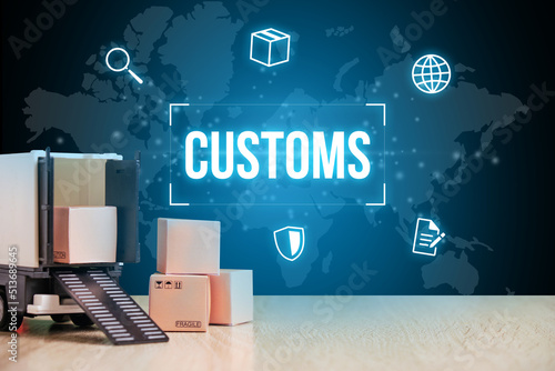 Photos Customs concept featuring a holographic word with icons