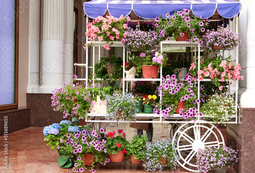 Flowerbeds of bright colors on cart model against backdrop of city building