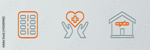 Set line No smoking at home, Nicotine gum blister pack and Heart with cross icon. Vector