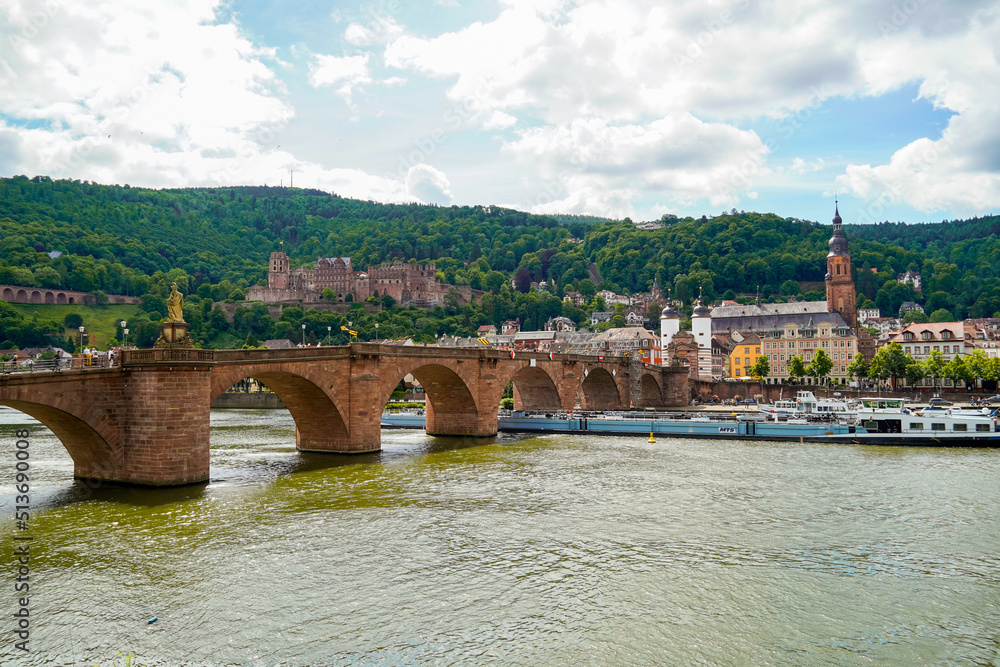 View of Heidelberg with the castle and the old bridge on the Neckar.
