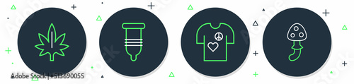Set line Condom, Peace t-shirt print stamp, Marijuana and Psilocybin mushroom icon. Vector