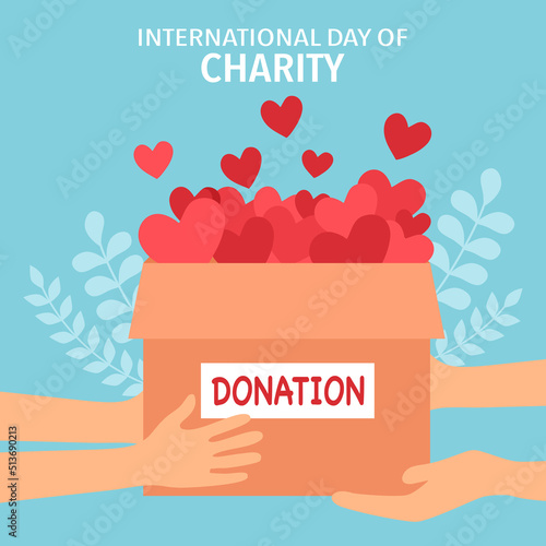 International day of charity event concept vector illustration. Time to donate. Red hearts in donation box.