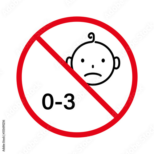 Forbidden Child Under Three Year Pictogram. Prohibit Not Suitable for Kid Red Stop Circle Symbol. Ban Baby Age 3 Years Black Line Icon. No Allowed Danger Toy Sign. Isolated Vector Illustration