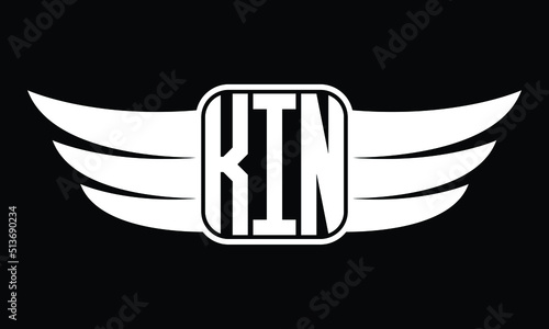KIN three Letter Wings Flying Initial wing symbol minimalist creative concept flag icon professional logo design Vector template with abstract black and white tattoo