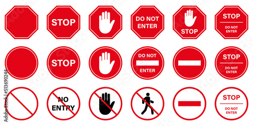 Do Not Enter Red Circle Symbol. Caution No Allowed Entry Stop Road Sign. Entrance Prohibited. Warning Palm Hand Ban Access Silhouette Icon. Forbidden Traffic Pictogram. Isolated Vector Illustration