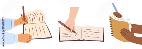 Set of hands writing in notebook isolated vector 