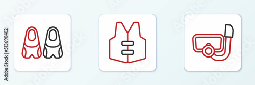 Set line Diving mask with snorkel, Flippers for swimming and Life jacket icon. Vector