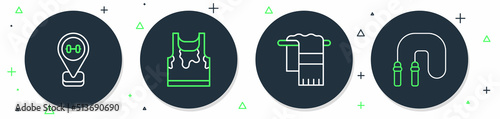 Set line Sweaty sleeveless t-shirt, Towel on hanger, Location gym and Jump rope icon. Vector