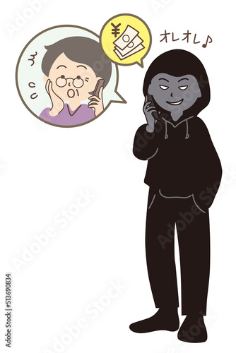 悪巧みの表情で電話する黒ずくめの男性と怪しい電話に困惑しているシニア女性