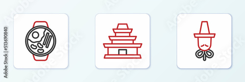 Set line Korean hat, Ramen and temple icon. Vector