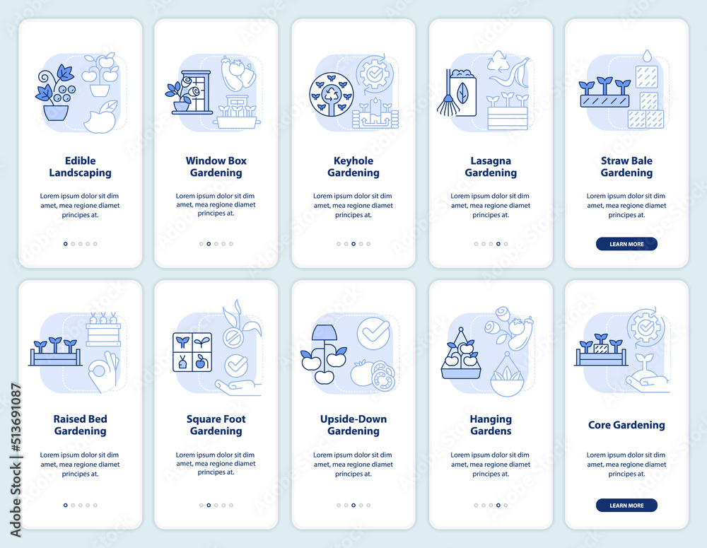 Gardening methods light blue onboarding mobile app screen set. Walkthrough 5 steps editable graphic instructions with linear concepts. UI, UX, GUI template. Myriad Pro-Bold, Regular fonts used