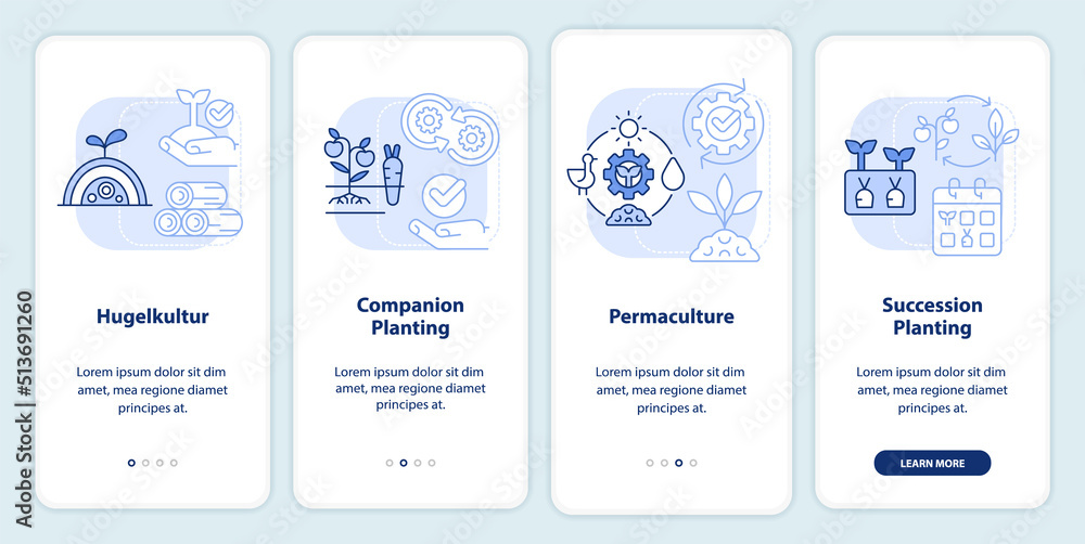Methods of gardening light blue onboarding mobile app screen. Planting walkthrough 4 steps editable graphic instructions with linear concepts. UI, UX, GUI template. Myriad Pro-Bold, Regular fonts used