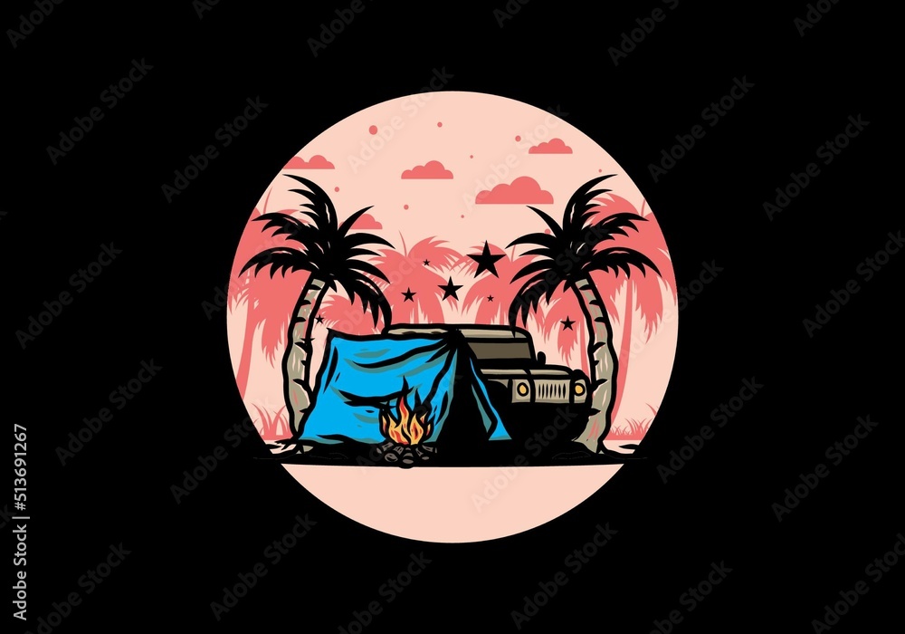 Naklejka premium Camping tent in front of car between coconut tree illustration