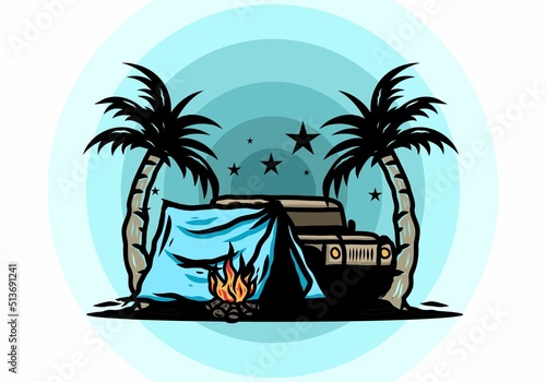 Camping tent in front of car between coconut tree illustration