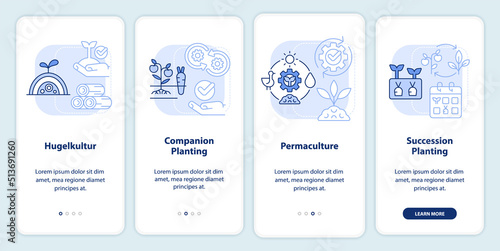 Methods of gardening light blue onboarding mobile app screen. Planting walkthrough 4 steps editable graphic instructions with linear concepts. UI, UX, GUI template. Myriad Pro-Bold, Regular fonts used © bsd studio