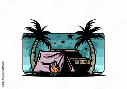 Camping tent in front of car between coconut tree illustration